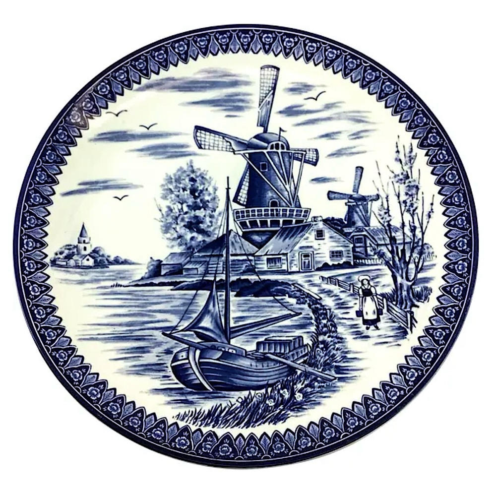 1940's Large Vintage Porcelain Delftware Porcelain Decorative Plate Netherlands